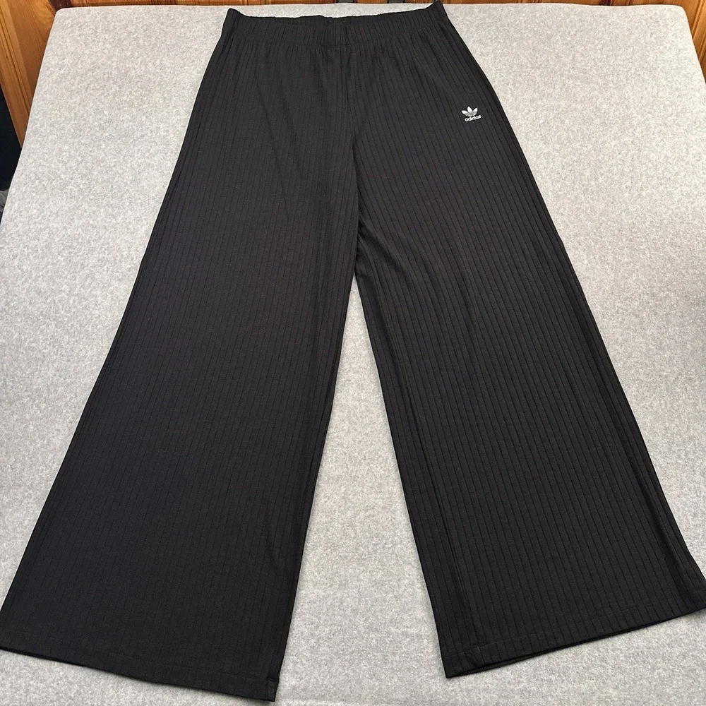 Adidas Essentials Wide Rib Pants Women XL Black High Rise Relaxed Stretch JD1499